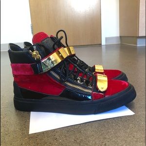 Giuseppe Zanotti Red Velvet Black Leather Sneakers